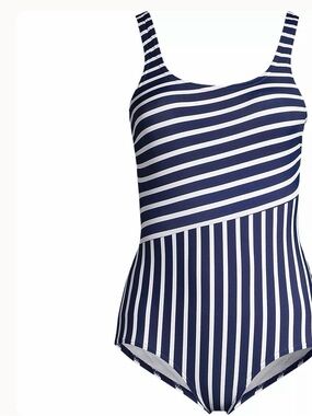 Lands End One Piece Swimsuit Slimming Asymmetric Stripe 8 Long Tall Navy Whit3